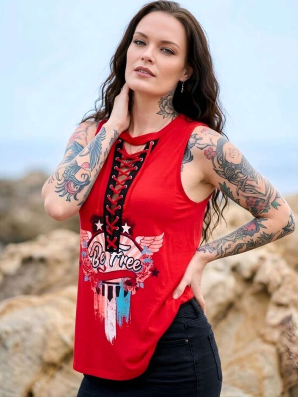 No Boundaries Red Lace Up Front Be Free Graphic Tank Top Sleeveless Shirt Sz L